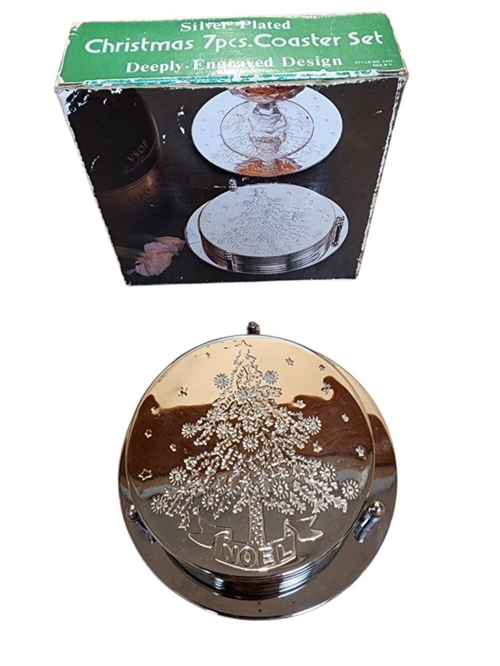 Set of 6 Vintage Silver Plated Christmas Tree Coasters Engraved NOEL W/Stand Box